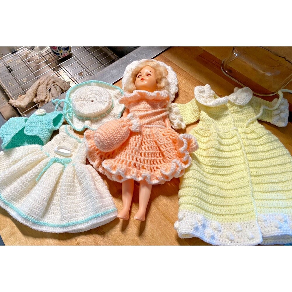 Vintage Barbie Size Fashion Doll w/ Handmade Crochet Outfits Lot 3 Dresses Hats